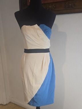 Abaeté Strapless Cream and Blue Colorblock Sheath Dress